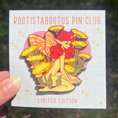 Gingergold Fairy enamel pin with red hair and dandelions – limited edition Patreon exclusive